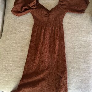 saltwater LUXE Rust Puff-Sleeve Textured Midi Dress